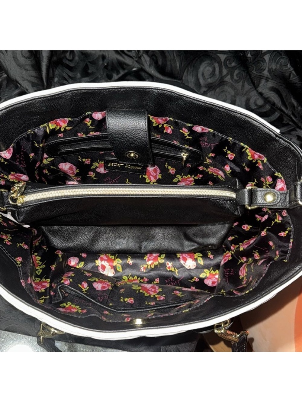 Black & White Tote Bag with Floral Embroidery - Picture 12 of 15